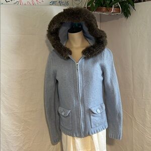 CRAZY HORSE LIZ CLAIBORNE CO. 100% LAMBS WOOL FAUX FUR TRIM HOODED ZIP UP SZ L